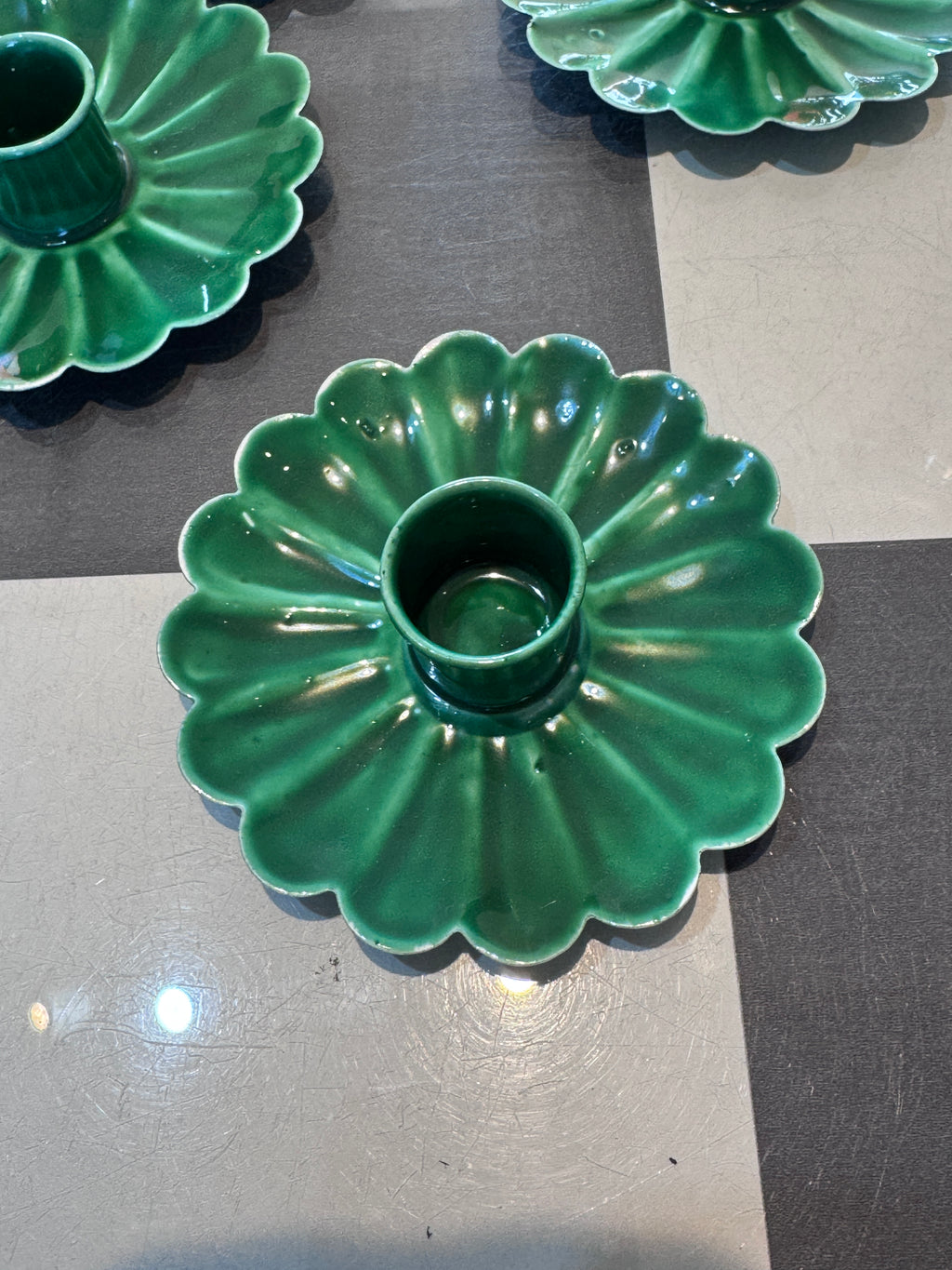 Enamel Green Flower Candle Holder - Green