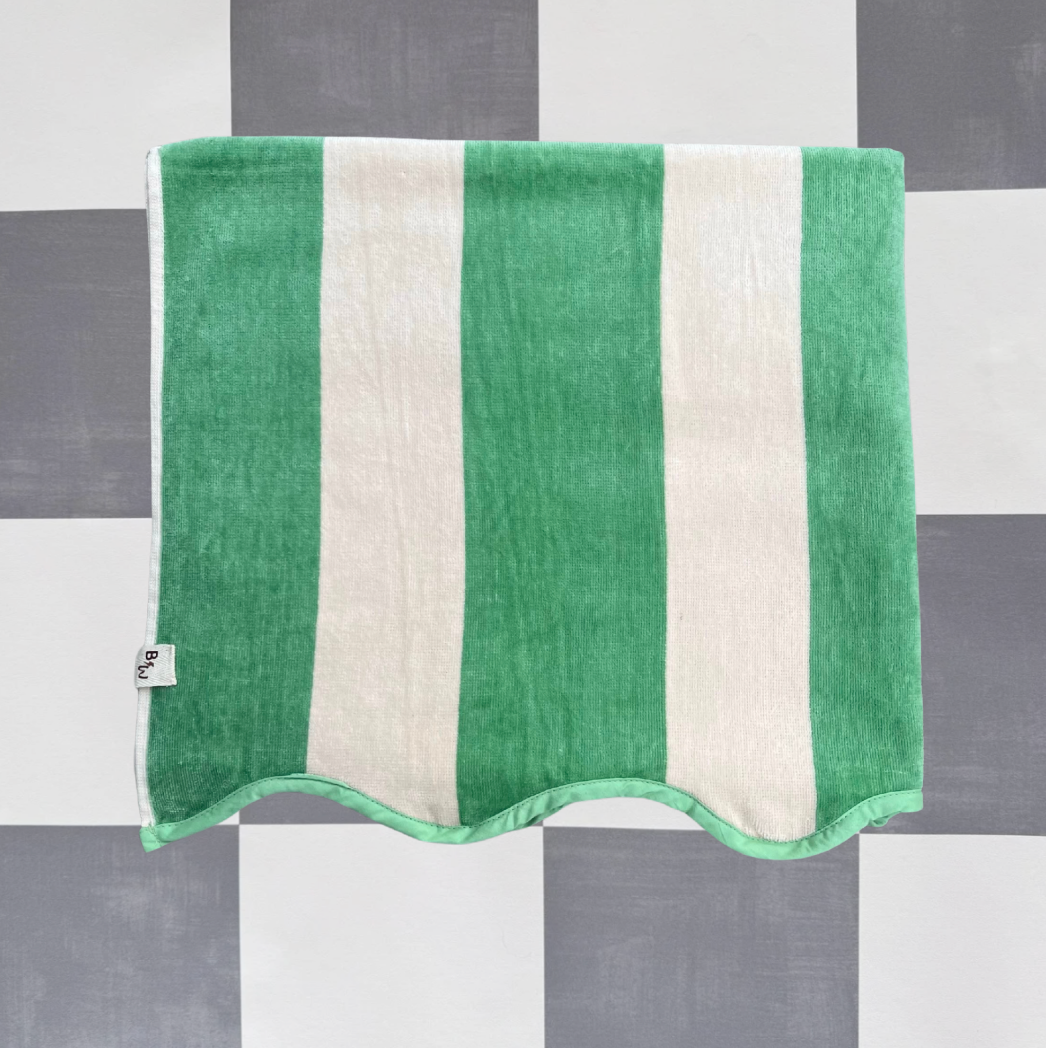 B&W Beach Towel - Green Scalloped Striped - 100% Cotton