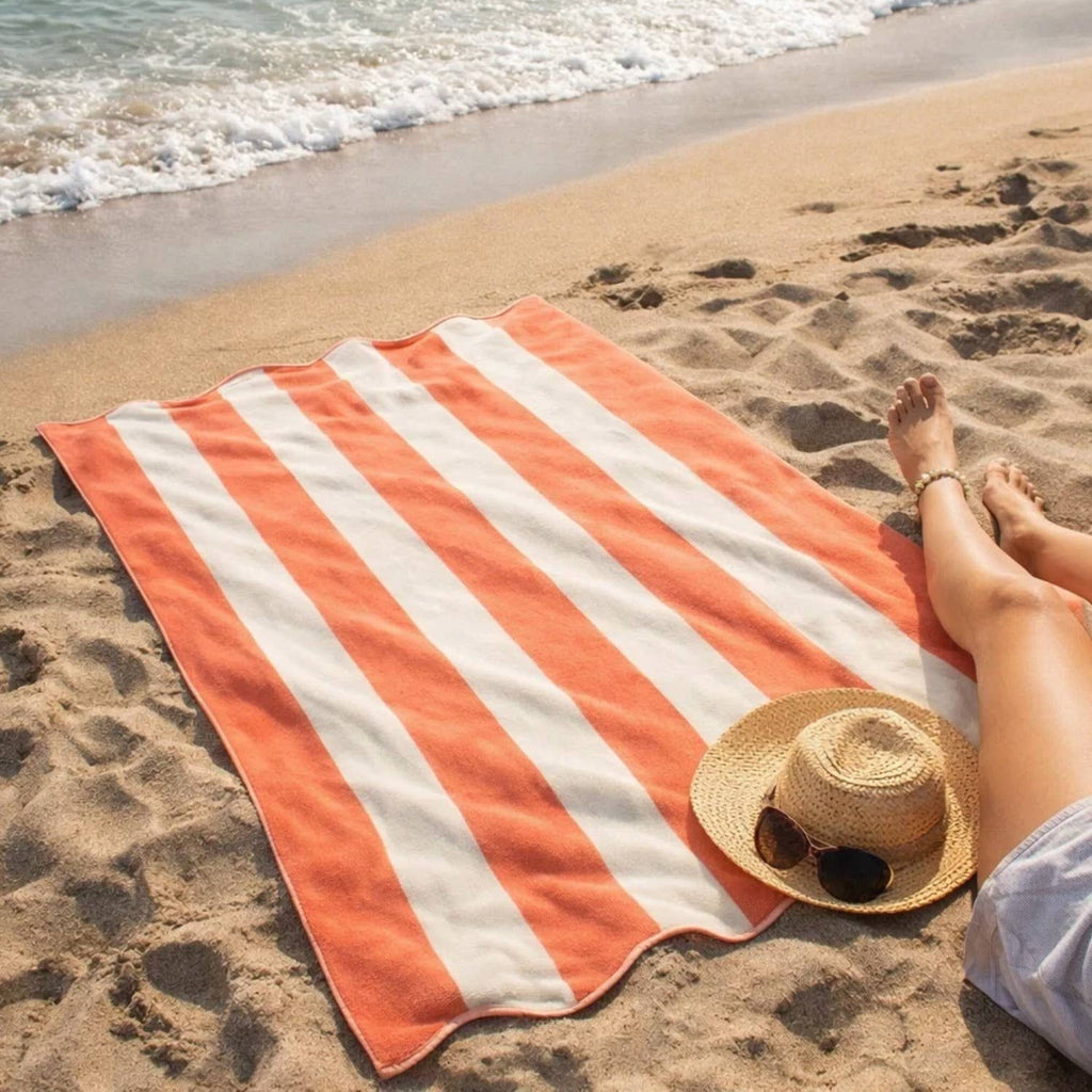 B&W Beach Towel - Orange Scalloped Striped - 100% Cotton