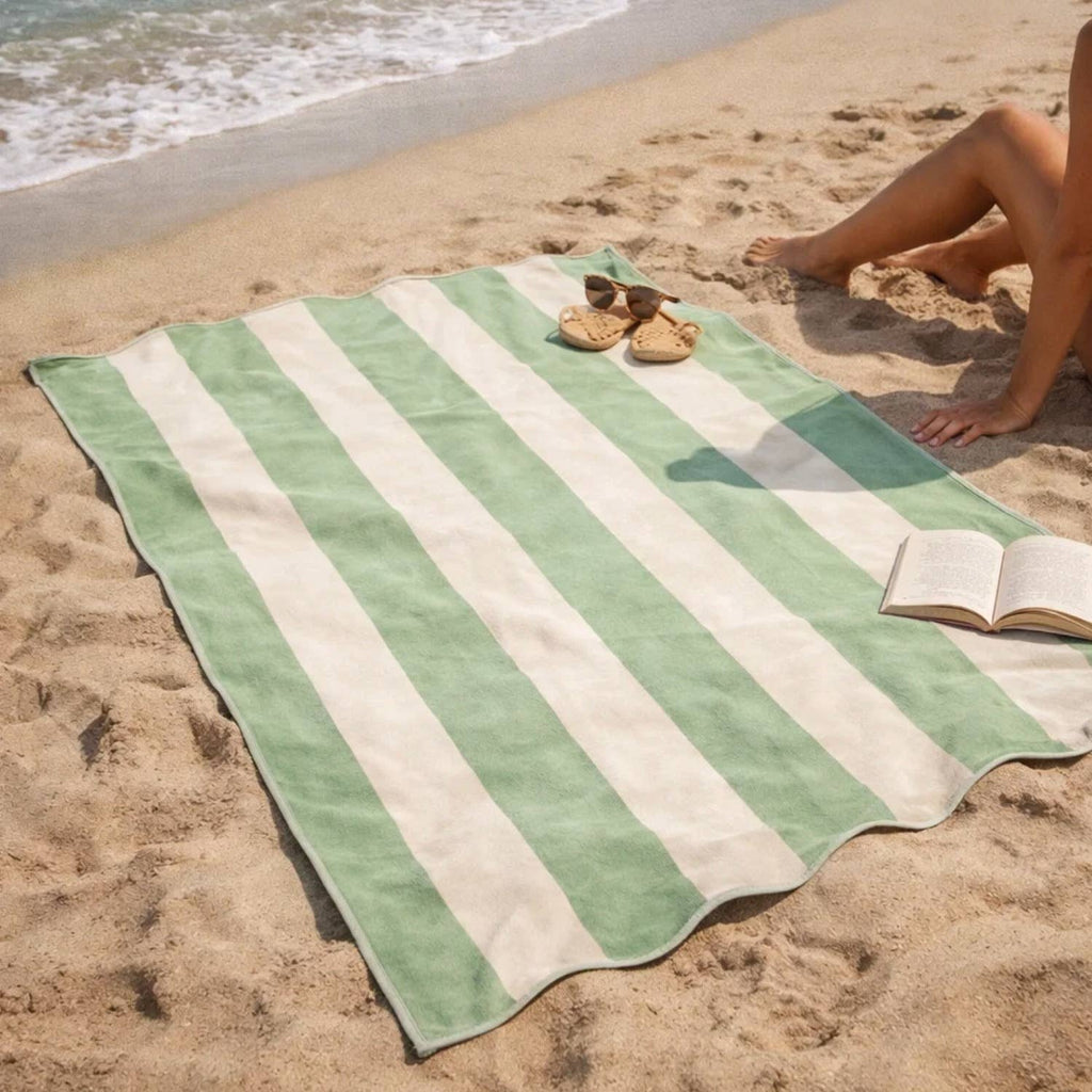 B&W Beach Towel - Green Scalloped Striped - 100% Cotton