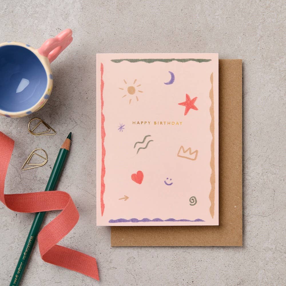Happy Birthday Doodle Card Gold Foil